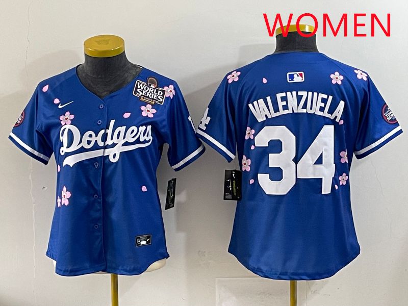 Women Los Angeles Dodgers #34 Valenzuela Blue Sakura Edition 2025 Nike MLB Jersey style 36->women mlb jersey->Women Jersey